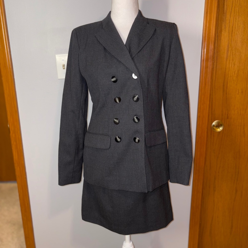 Hugo Buscati Skirt Suit Double Breasted Blazer Career Gray wool made in USA Sz 6